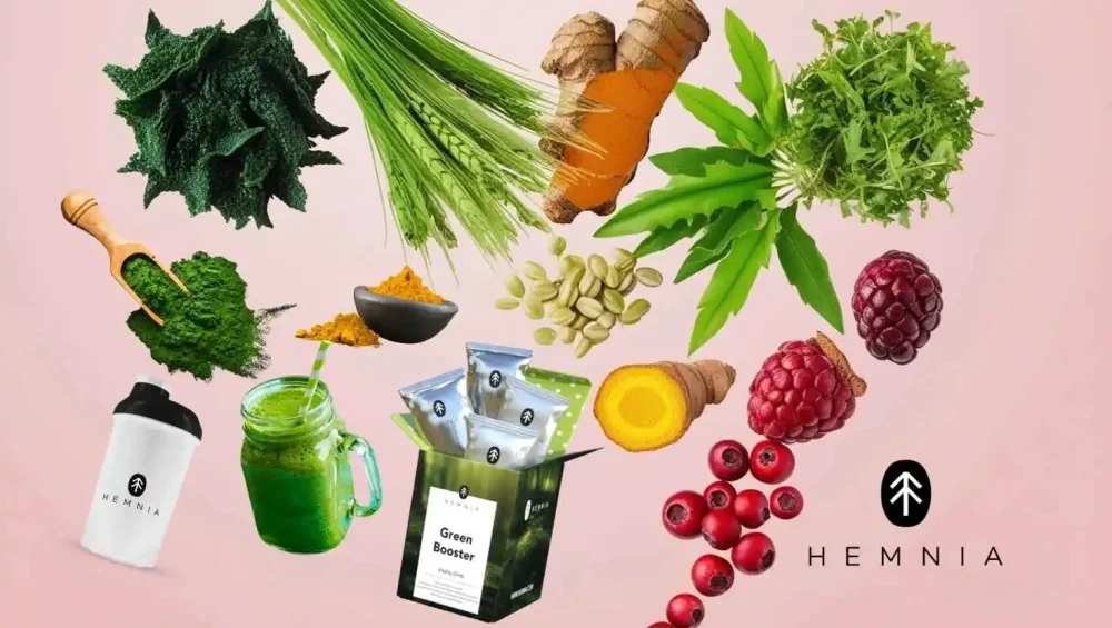 Various superfoods such as chlorella, spirulina, green sturgeon, acai and maca, Green Booster Vitality drink and Hemnia shaker