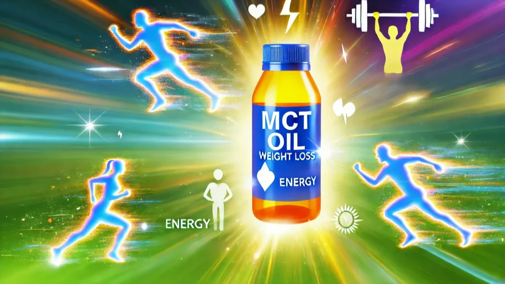 MCT õli illustratsioon, mis näitab kaalukaotust, energiat ja sportlaste toetust.