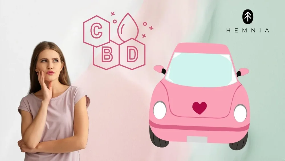 A thoughtful woman contemplates CBD and driving – illustration of a CBD molecule and a pink car, with the Hemnia logo in the top right corner