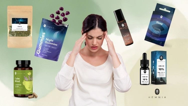 A woman holding her temples, surrounded by Hemnia products for relaxation, sleep and stress management; the Hemnia logo is at the bottom right