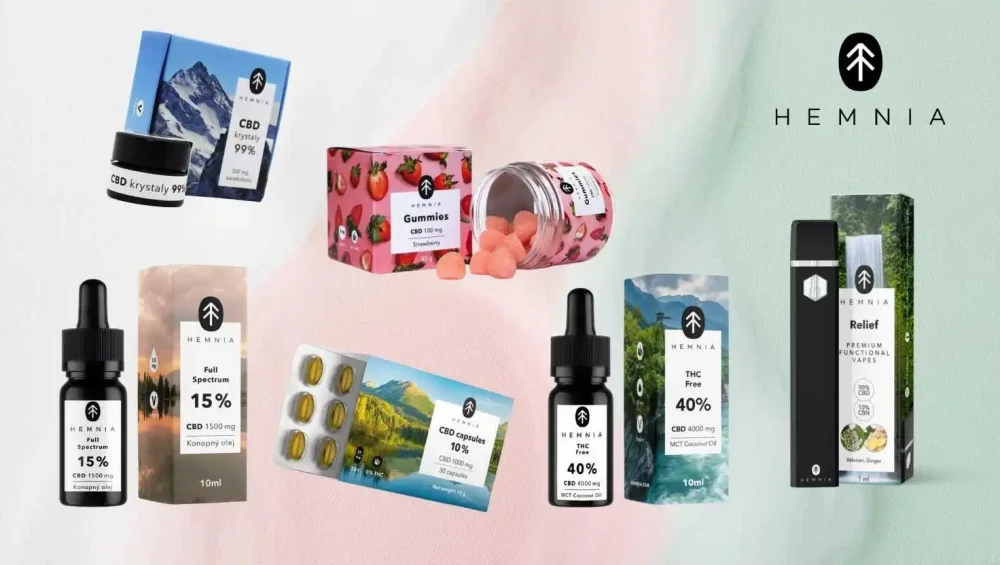 Various Hemnia CBD products – oils, capsules, crystals, gummy candies and vape pen, on a soft pastel background, Hemnia logo in the top right corner