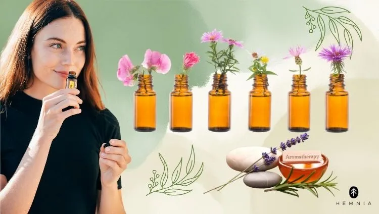 Ženska voha eterično olje, različne stekleničke z rožami, sivka in naravni motivi—aromaterapija, logo Hemnia spodaj desno