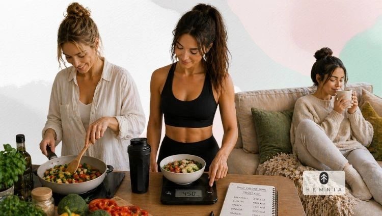 How to lose weight: one woman is cooking, another is counting calories, a third is resting after exercise; Hemnia logo bottom right