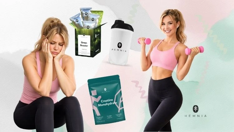 Common weight loss mistakes: a sad woman who can’t lose weight, a happy woman who exercises, Hemnia green drink, Hemnia shaker and creatine