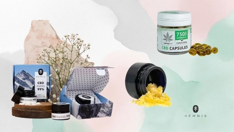 Other CBD products – CBD crystals, CBD crumble, CBD capsules; the Hemnia logo is shown bottom right