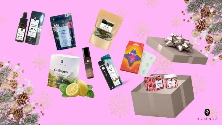 Practical Christmas gifts from Hemnia – CBD oil, collagen drinks, herbal blends, aromatherapy roll-ons, functional vapes, CBD gummies, and energy patches
