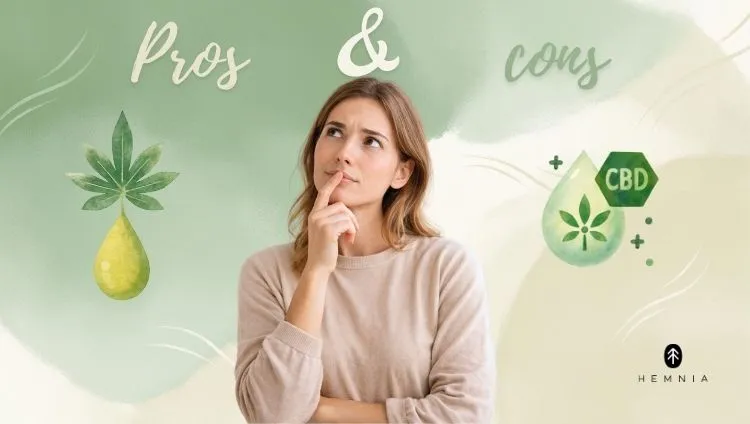 Mlada ženska razmišlja o prednostih in slabostih CBD kapsul; logotip Hemnia spodaj desno