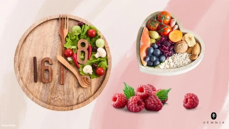 Intermittent fasting 16/8 – illustration of a healthy plate and fruit as part of a balanced diet during intermittent fasting, Hemnia logo at bottom right