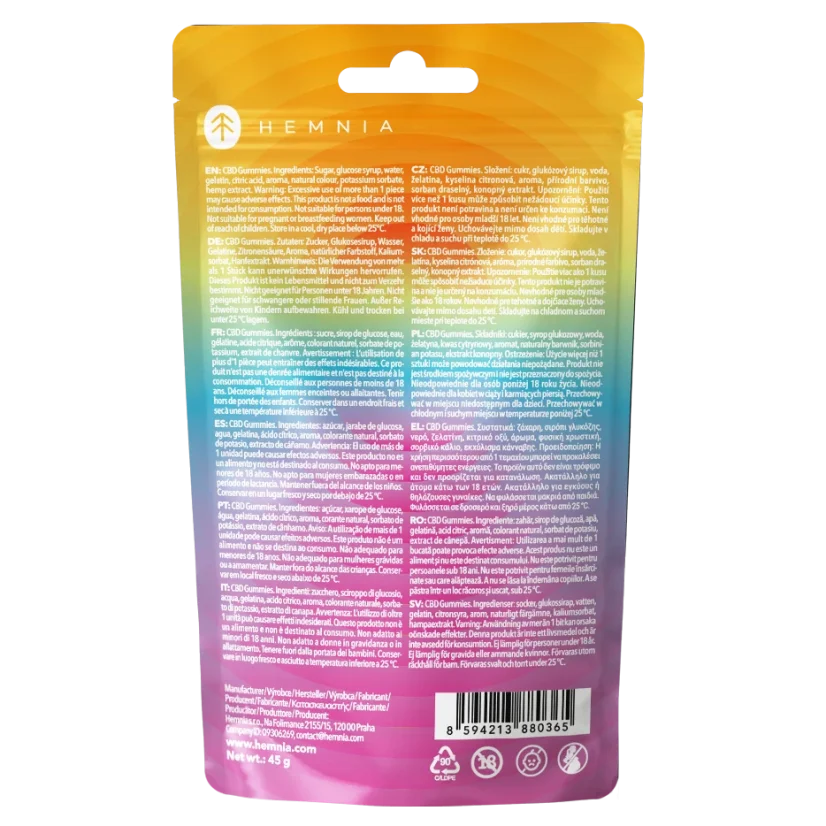CBD gumové bonbóny, třešeň, kiwi, ananas, jahoda, 100 mg CBD, 20 ks x 5 mg, 45 g