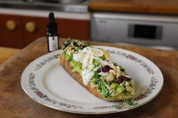 Avocado bread with egg and hemp oil