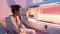 Skin care when tanning in a solarium, a woman sitting in front of a solarium thinking about collagen, Hemnia logo at the bottom left