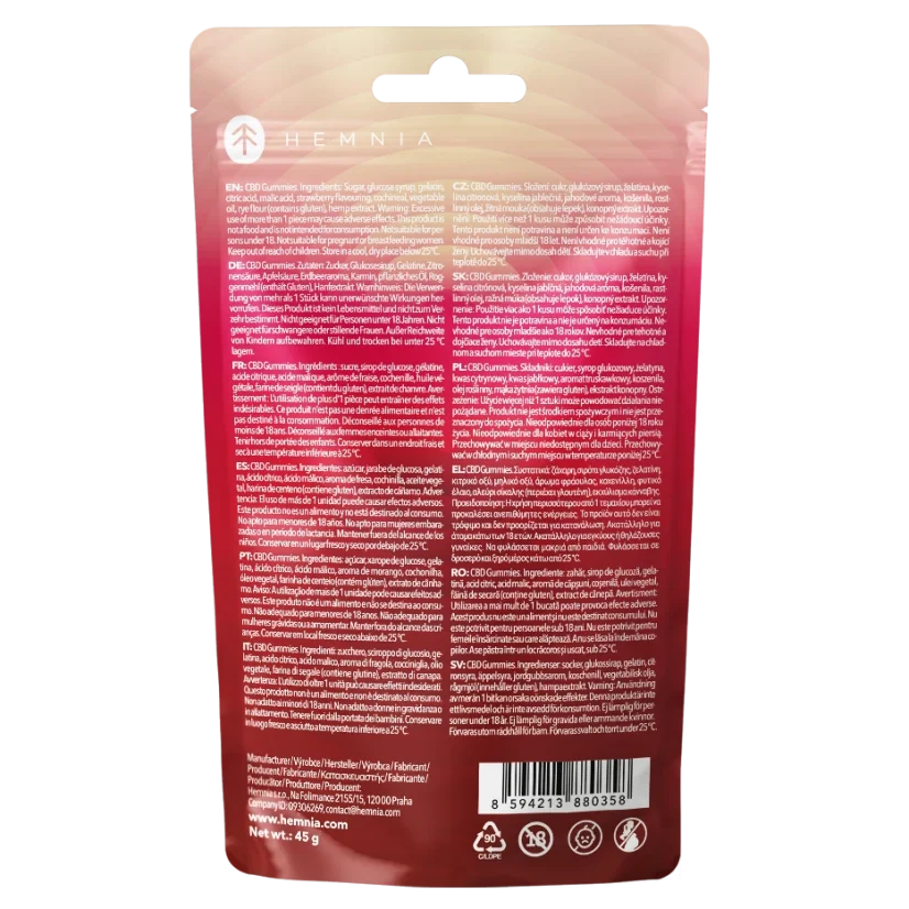 Gomme al CBD, Fragola acida, 100mg CBD, 20 pezzi x 5mg, 45g