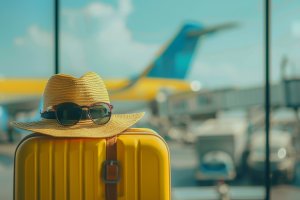 Reisen - gelber Reisekoffer auf dem Flughafen mit Strohhut