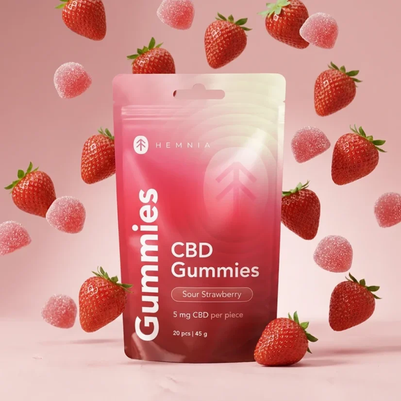 Gomme al CBD, Fragola acida, 100mg CBD, 20 pezzi x 5mg, 45g