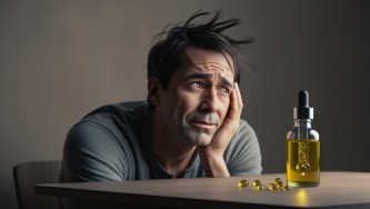 Um homem que tem a cabeça entre as mãos e está com um ar cabisbaixo porque tem problemas de memória. Ele tem um frasco de óleo CBD para melhorar a sua memória e concentração. Um homem que tem a cabeça entre as mãos e está com um ar cabisbaixo porque tem problemas de memória. Ele tem um frasco de óleo CBD para melhorar a sua memória e concentração.