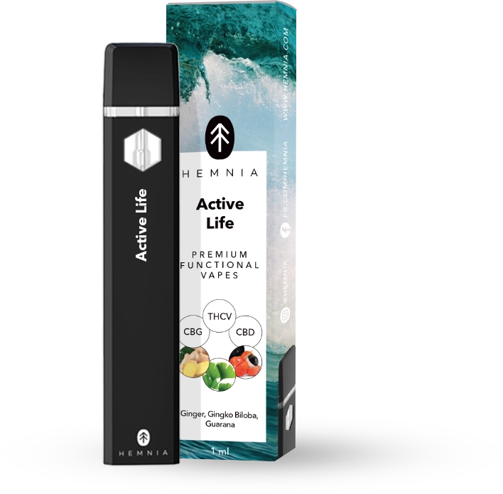 "Active Life" - "Premium" funkcinis CBG, THCV ir CBD Vape Pen, imbieras, Gingko biloba, guarana, 1 ml