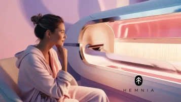 Skin care when tanning in a solarium, a woman sitting in front of a solarium thinking about collagen, Hemnia logo at the bottom left Skin care when tanning in a solarium, a woman sitting in front of a solarium thinking about collagen, Hemnia logo at the bottom left