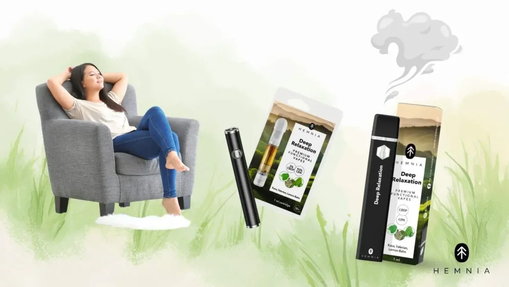 Woman feels the relaxing effects of CBDP, alongside Hemnia cartridge and CBDP Deep Relaxation vape pen, complete with Hemnia logo
