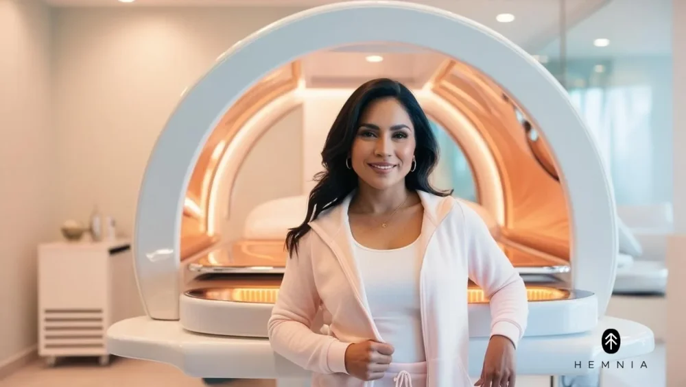A smiling woman stands in front of a classic solarium in a modern studio, with the Hemnia logo in the bottom left corner