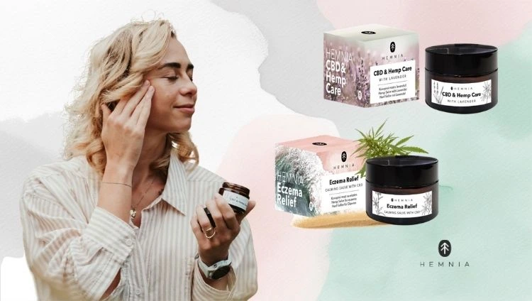 A woman applying CBD cream to her face; on the right, Hemnia CBD creams