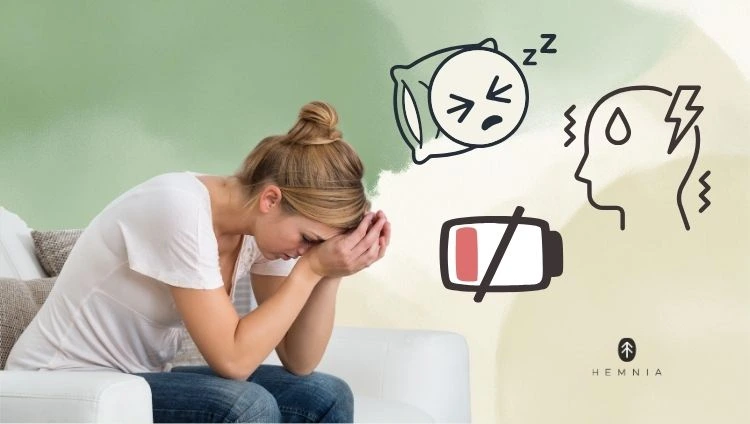 A tired and stressed woman, alongside symbols of sleep deprivation, exhaustion and tension; the Hemnia logo at the bottom right
