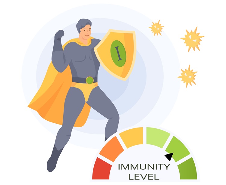 Muž v kostýmu supermana a kruhové spektrum úrovně imunity. Síla imunity jako symbol lidského zdraví