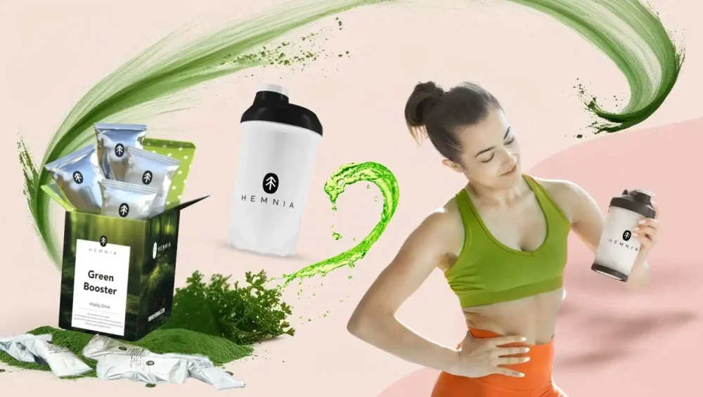 Hemnia Green Booster Vitality drink and Hemnia shaker, woman looking at the shaker
