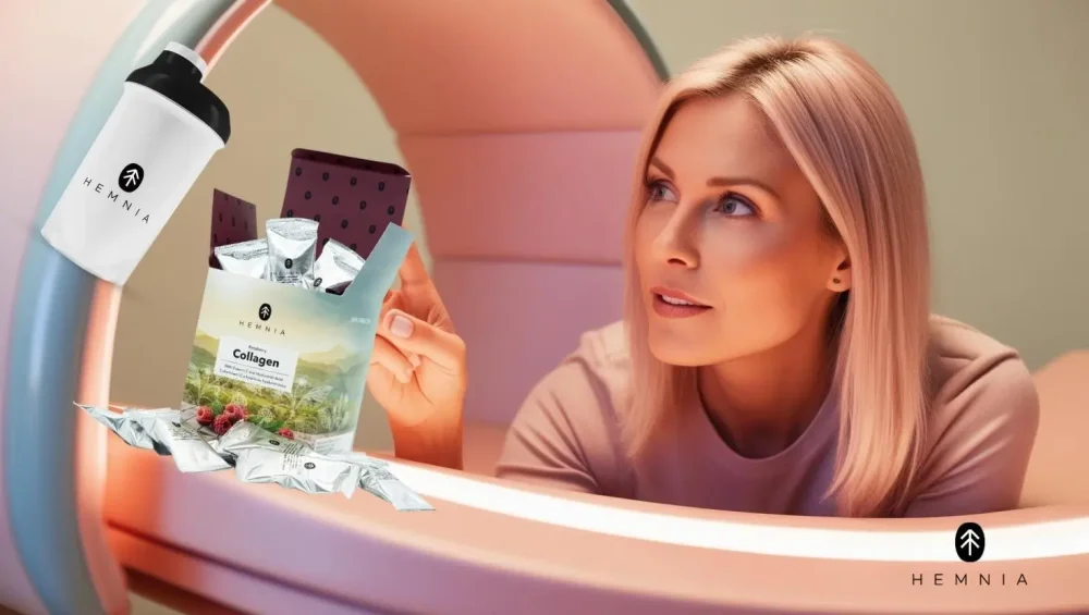 Woman looking at Hemnia collagen drinks in raspberry flavour and a shaker in a solarium, focused on skin care and regeneration after UV radiation