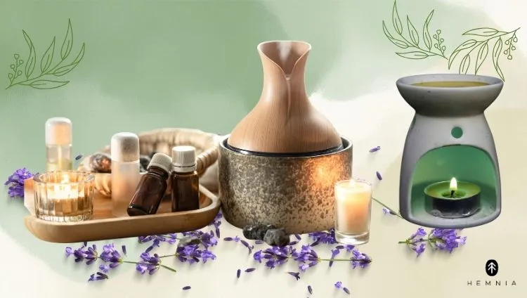 Aromaterapija – električni difuzor in aroma lampa s svečko, eterična olja in sivka, logo Hemnia spodaj desno