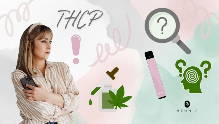THCP, vaporizér, olej, premýšľajúca žena, lupa s otáznikom, logo Hemnia v pravom dolnom rohu