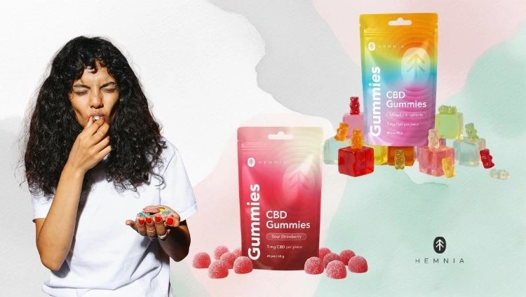 CBD gummies: a woman is eating gummy sweets, and next to her are CBD gummies from the Hemnia brand
