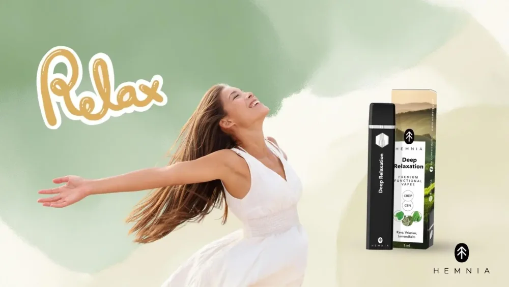 The picture shows a happy woman in a white dress with her arms outstretched, the text Relax suggesting that CBDP has relaxing effects, and the vape pen Hemnia CBDP Deep Relaxation