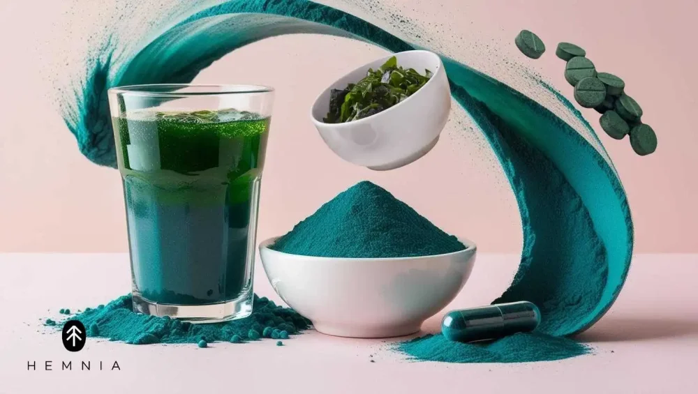 Spirulina superfood in drink, algae, powder and capsules