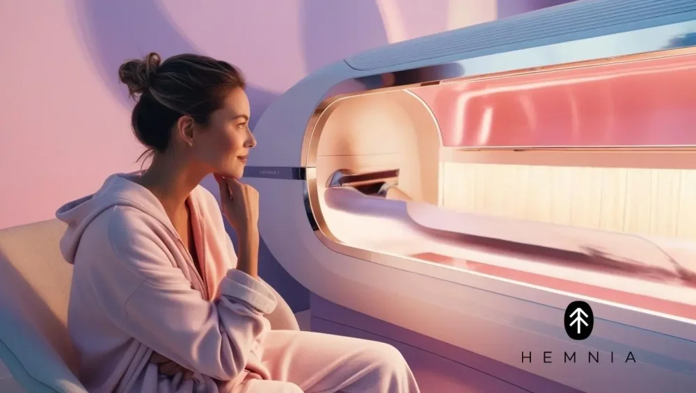 A woman in a bathrobe sits by a solarium, with the Hemnia logo at the bottom left