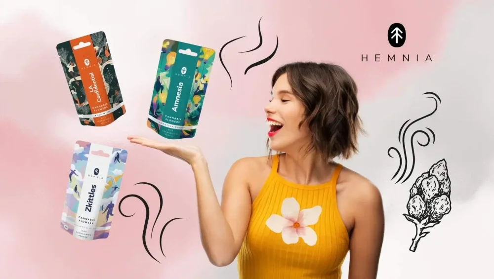 A woman with CBD Hemnia flowers in Amnesia, Zkittles and LA Confidential flavours - the benefits of CBD flowers for relaxation and mental balance