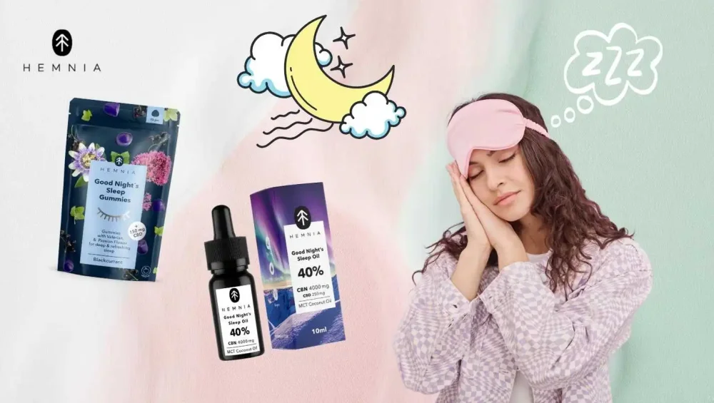 Woman ready for sleep with Hemnia products – CBD for sleep in the form of oil and gummies for deep and peaceful rest
