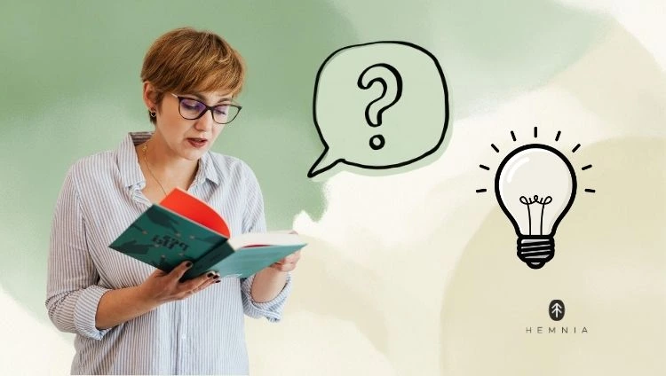 A female student, next to a question mark bubble and a lightbulb representing an idea; the Hemnia logo in the bottom right-hand corner