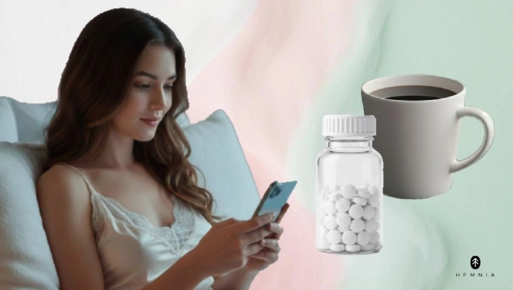 Moteris žiūri į telefoną, puodelis kavos ir vaistai, kurie sukelia miego problemas, Hemnia logotipas apatiniame dešiniajame kampe.