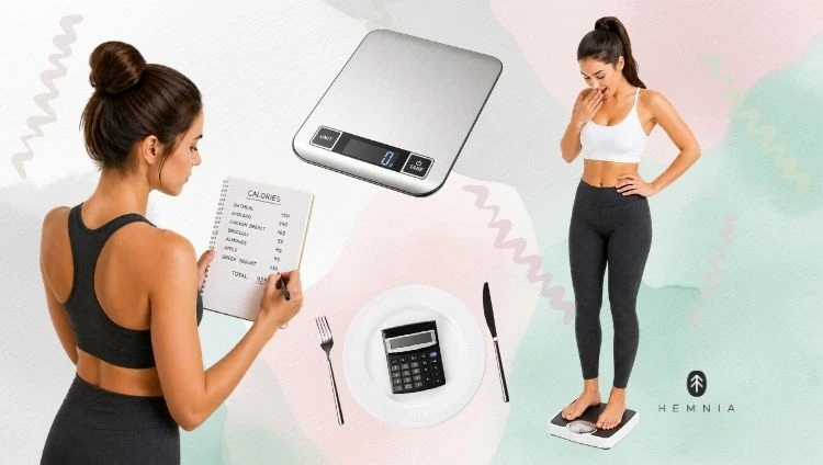 Calorie deficit: A woman counting calories, next to a kitchen scales, a plate with a calculator and a woman on the scales