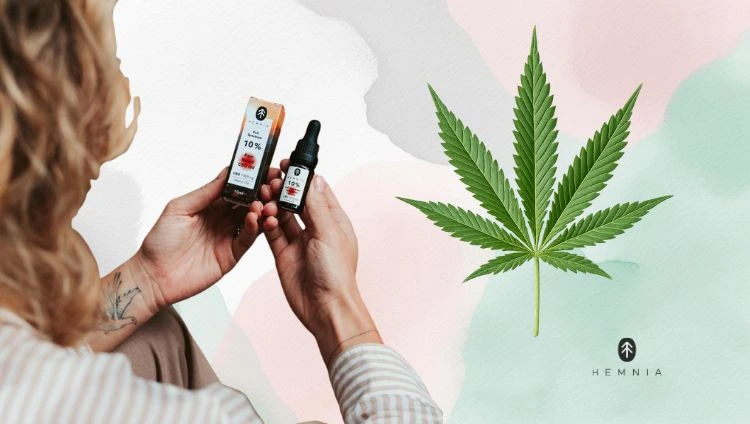 What is CBG and how is it obtained? A woman holding a bottle of CBG oil, with a cannabis leaf beside her
