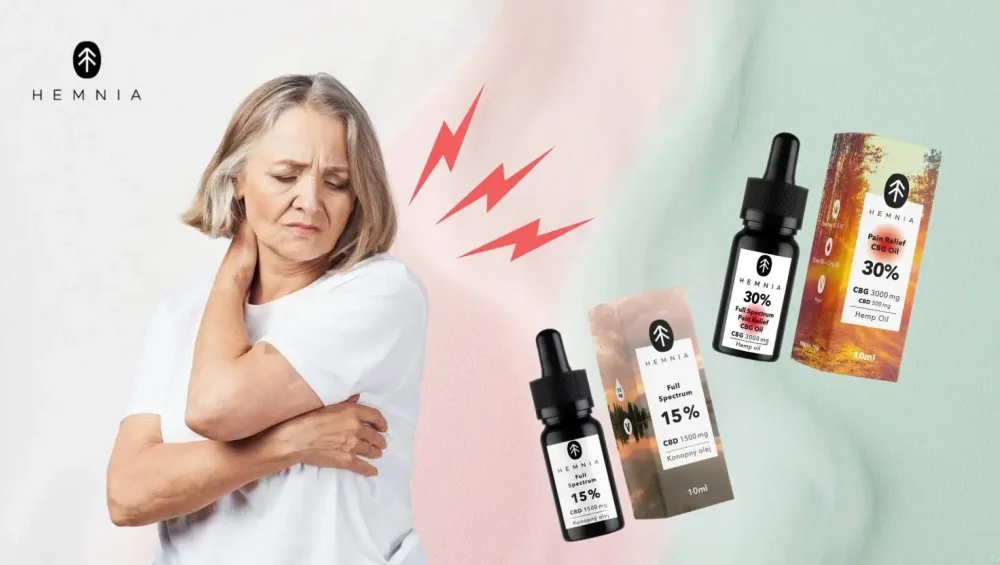 Woman suffering from shoulder pain, CBD for pain relief – Hemnia CBD oils with 15% CBD and 30% CBG for pain relief