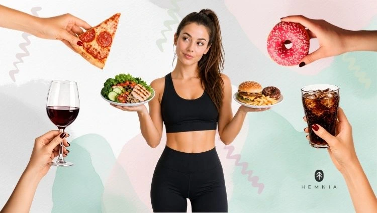 How to lose weight quickly: This is a trap – a woman holding healthy vs. unhealthy food, surrounded by hands holding wine, fizzy drinks, pizza and a doughnut